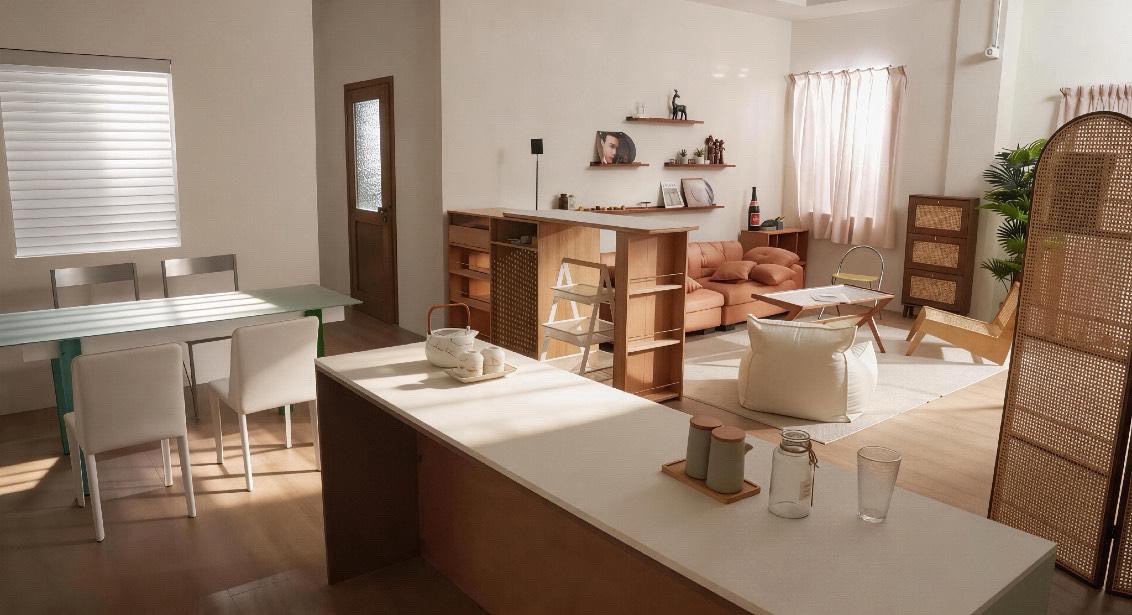 Studio dining room: oak and rattan cabinet, table, blinds