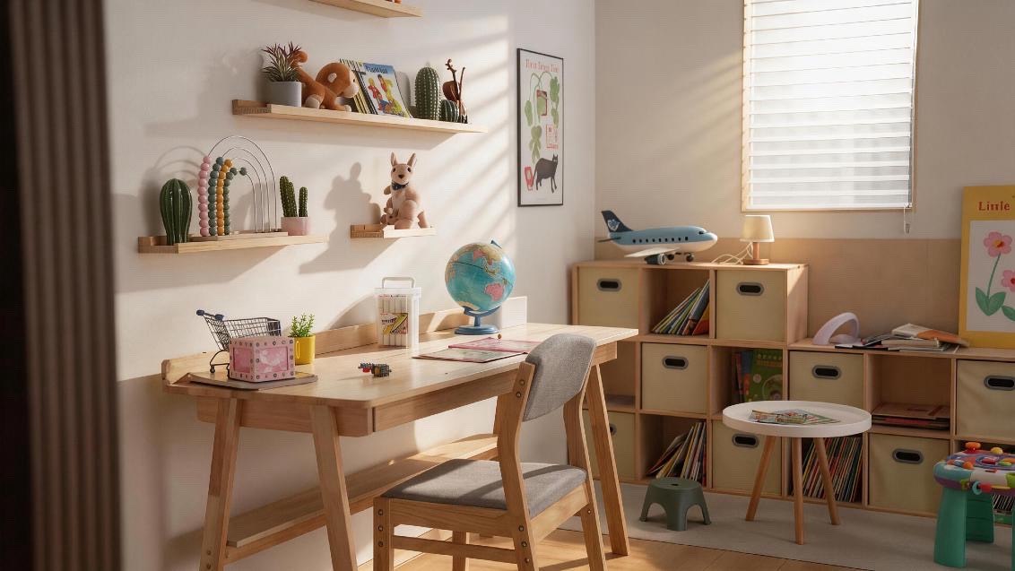 Studio kids' study: wooden desk and oak storage
