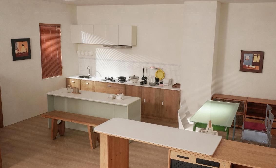 Studio kitchen and dining area: white units, oak furniture, louvre blinds