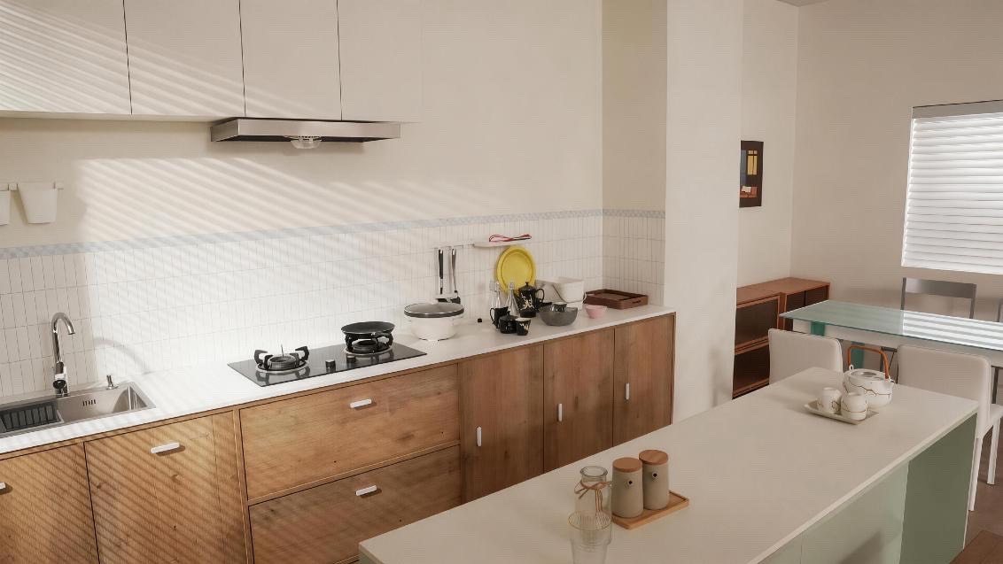Studio kitchen: white wall cabinets, oak base units and white worktop