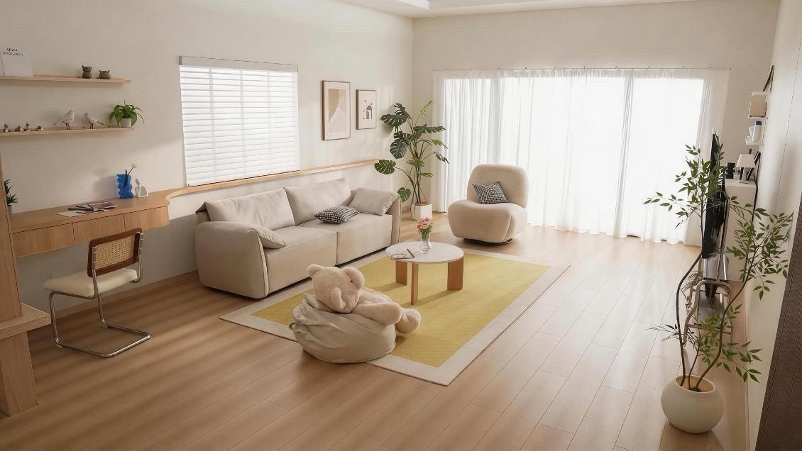 Studio living room: ivory sofa and floor-to-ceiling window