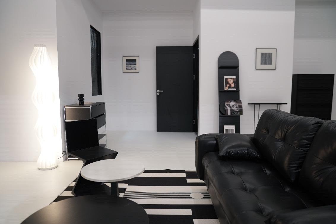Studio living room: black leather sofa and striped rug