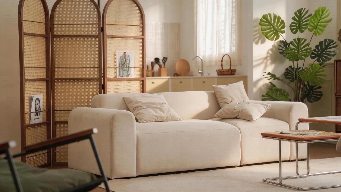 Studio living room: beige sofa, rattan screen and monstera